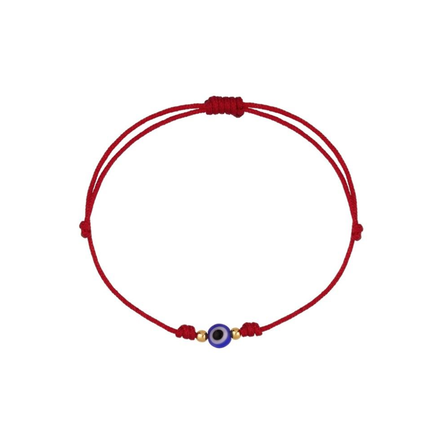 Foto de Pulsera 7 nudos nylon rojo Ojo cristal mini y bolitas en oro amarillo 18kt