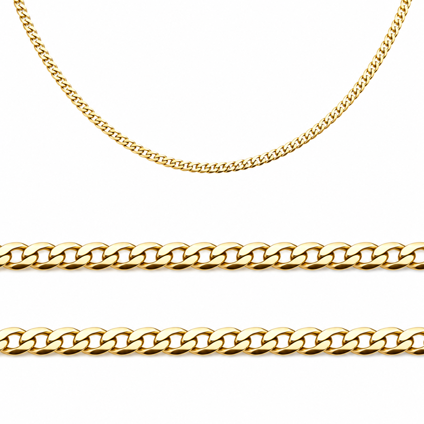 Foto de Cadena oro amarillo 18kt eslabón barbado lapidado plano, grosor 1,40mm, longitud 50cm
