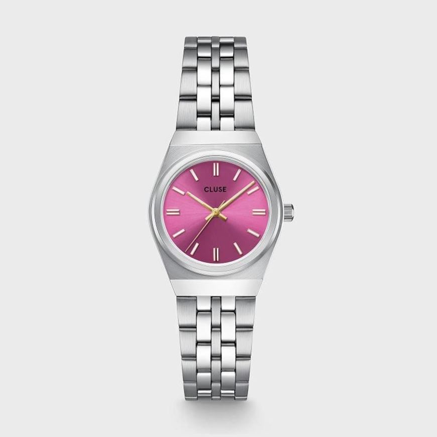 Foto de Mini reloj retro de los años 70, de acero, color fucsia y plateado