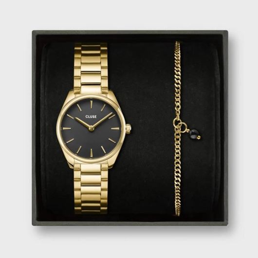 Foto de Caja de regalo Féroce Mini Reloj Acero, Negro y Pulsera de Cadena, Color Oro