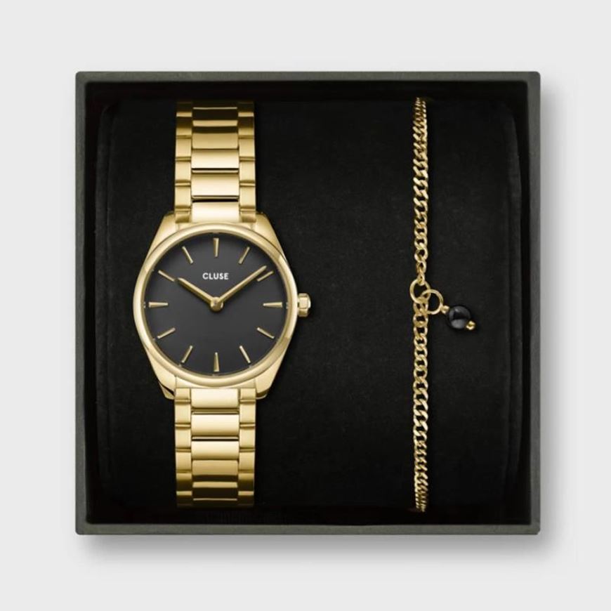 Foto de Caja de regalo Féroce Mini Reloj Acero, Negro y Pulsera de Cadena, Color Oro