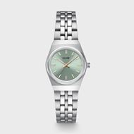 Foto de Mini reloj retro de los años 70, de acero, color verde salvia y plateado