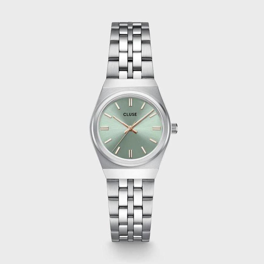 Foto de Mini reloj retro de los años 70, de acero, color verde salvia y plateado