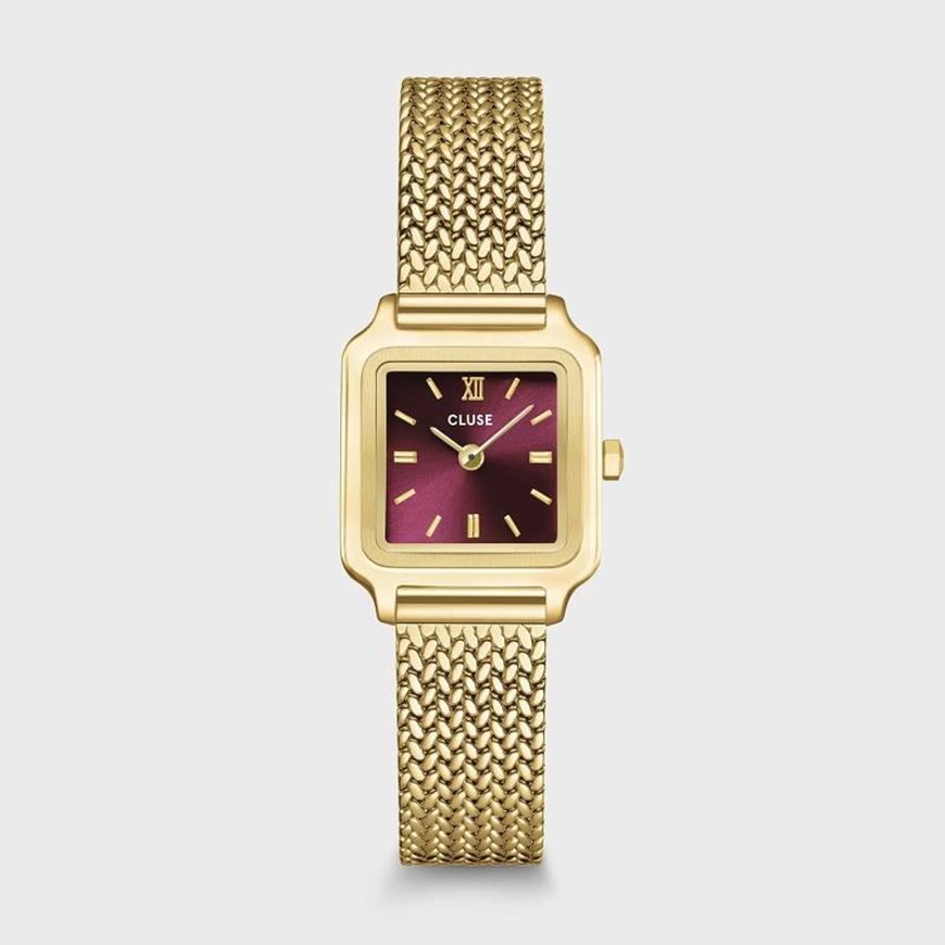 Foto de Mini reloj Gracieuse de malla, color cereza oscuro y dorado