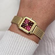 Foto de Mini reloj Gracieuse de malla, color cereza oscuro y dorado
