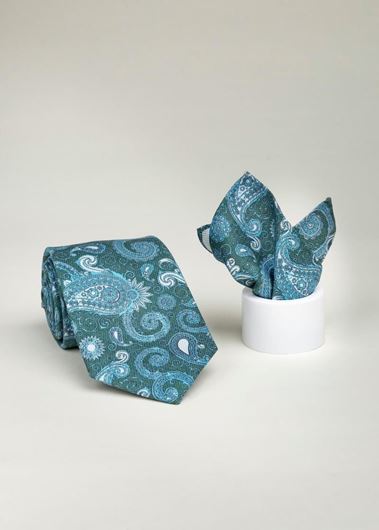 Foto de Corbata y pañuelo de seda estampado paisley verde y azul