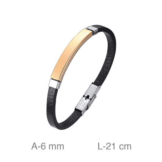 Foto de Pulsera de acero bicolor y cuero negro con placa 6mm