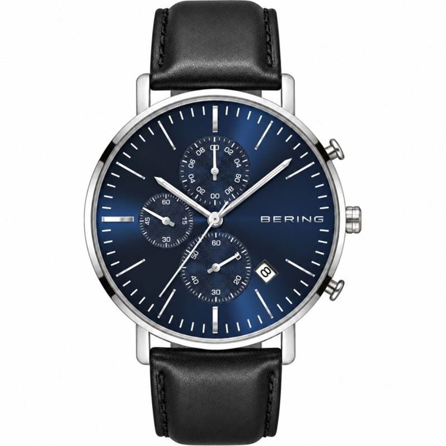 Foto de Reloj cronógrafo fecha piel negra, esfera azul