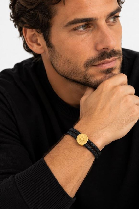 Foto de Pulsera de piel negra y acero baño oro 20cm