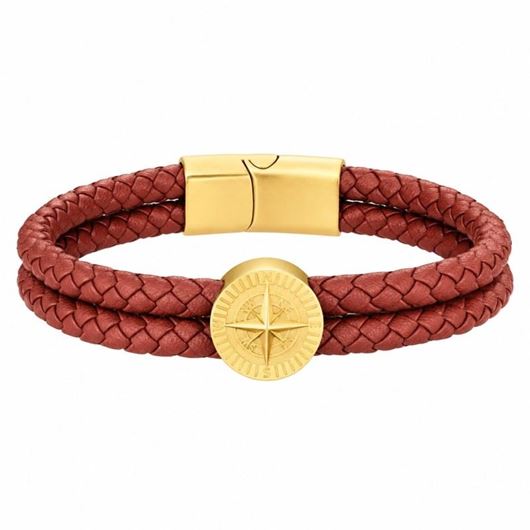 Foto de Pulsera de piel marrón y acero baño oro 18cm
