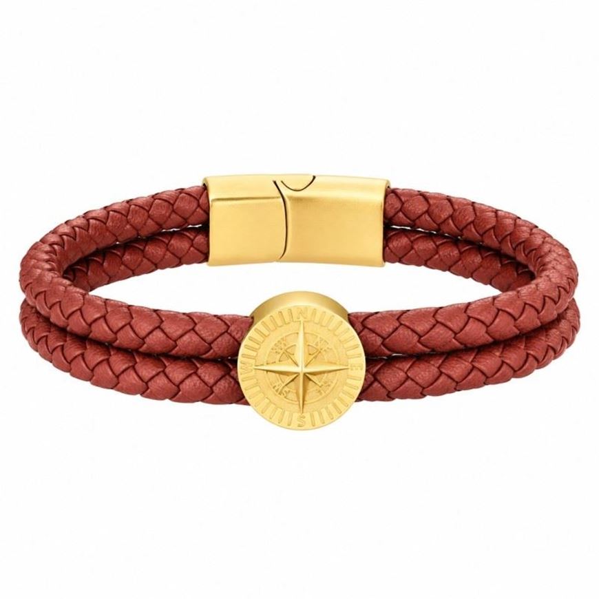 Foto de Pulsera de piel marrón y acero baño oro 18cm