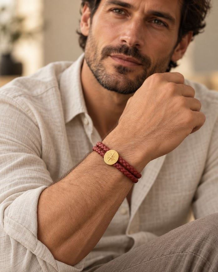 Foto de Pulsera de piel marrón y acero baño oro 20cm