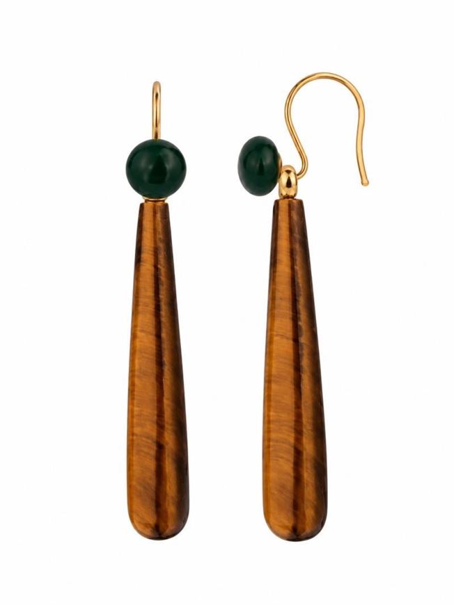 Foto de Pendientes oro amarillo gota ojo de tigre y bola ágata verde