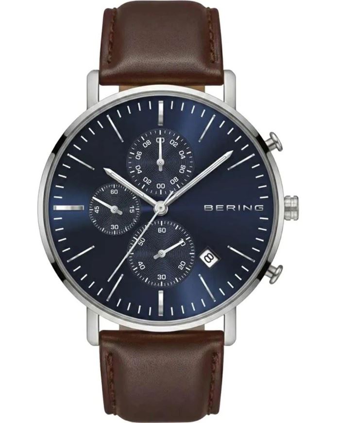 Foto de Reloj con cronógrafo fecha esfera color azul y correa d piel marrón