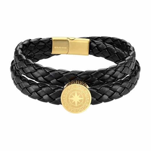 Foto de Pulsera de brújula de piel de doble vuelta Negro Oro 18cm