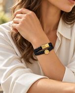 Foto de Pulsera de brújula de piel de doble vuelta Negro Oro 18cm