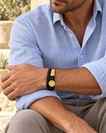 Foto de Pulsera de brújula de piel de doble vuelta Negro Oro 20cm